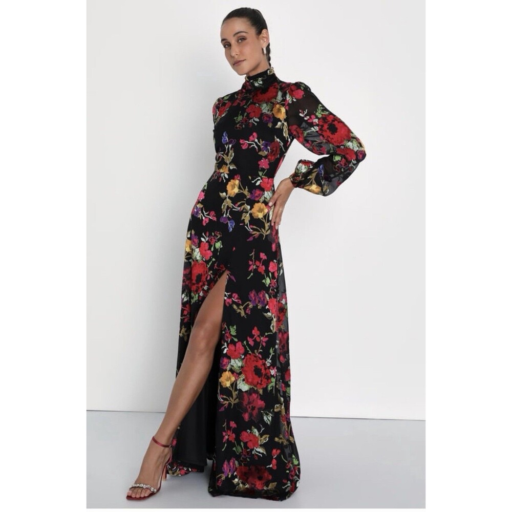 Lulus Floral Backless Maxi Dress L Mock Neck Long Sleeve Wedding Guest Formal